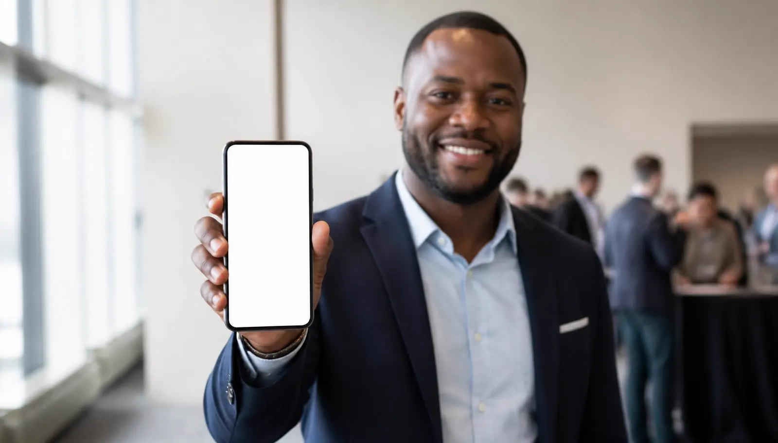 A conference attendee smiling and holding his phone toward the camera.