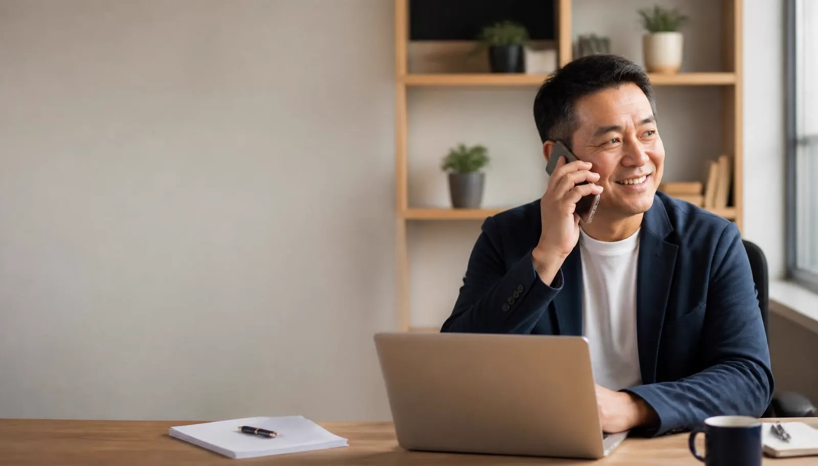 A business owner at his desk making a friendly phone call to a lead.