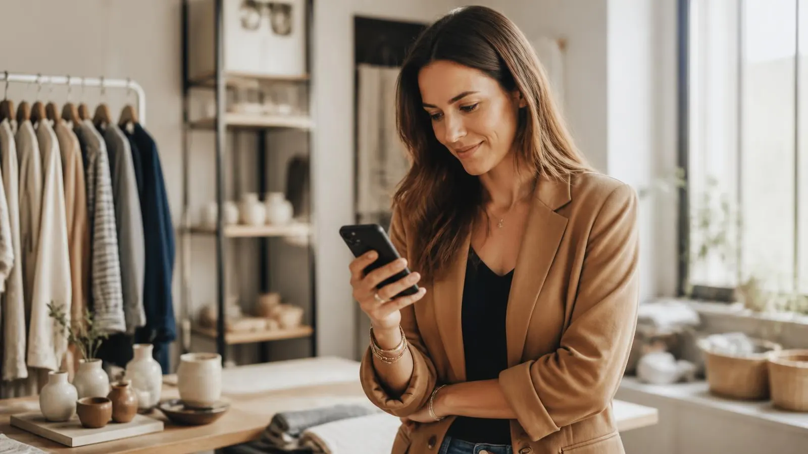 A small-business owner reading a warm lead's reply on her phone in her studio.