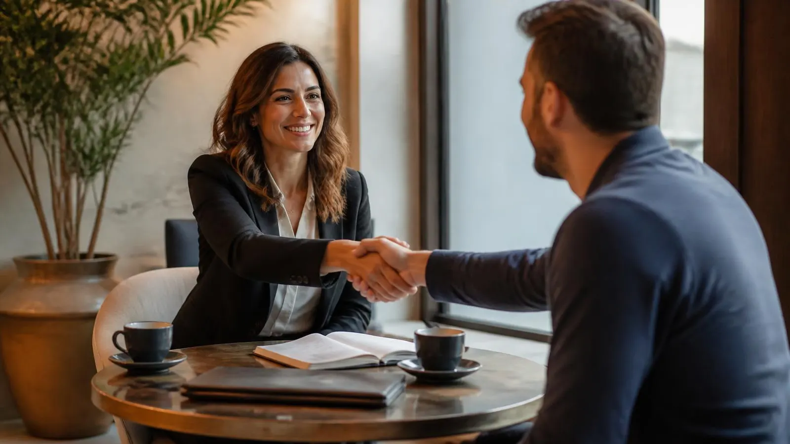 A consultant welcoming a client with a handshake at a table before a booked consultation.