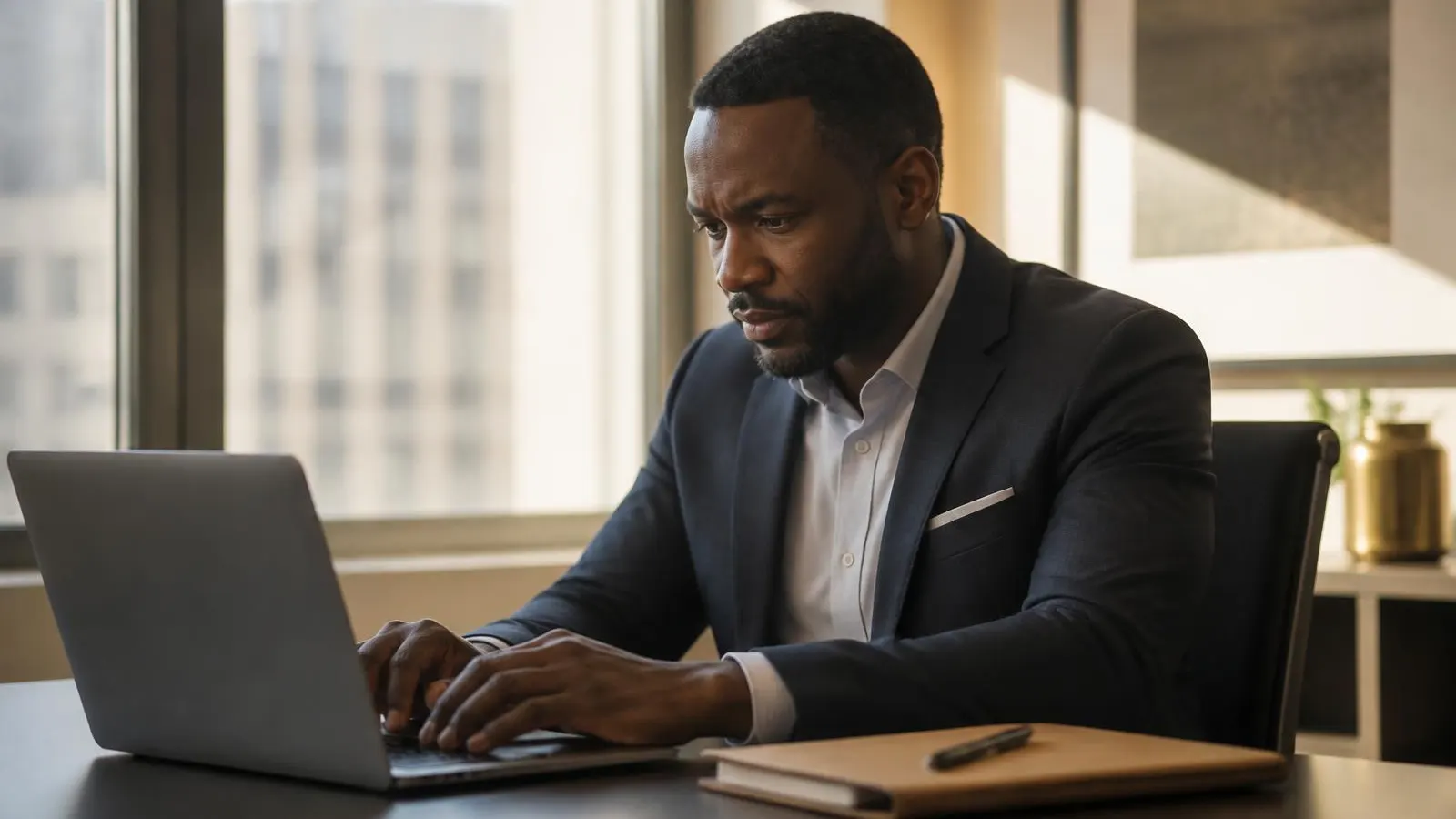 A professional working at a laptop at an office desk, adding a list of contacts.